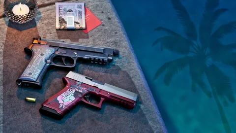 Deux pistolets à finitions personnalisées, gravures et motif rose, posés près d’une piscine : visuel officiel « Personalized Weapon Variants » de l’Édition Ultimate