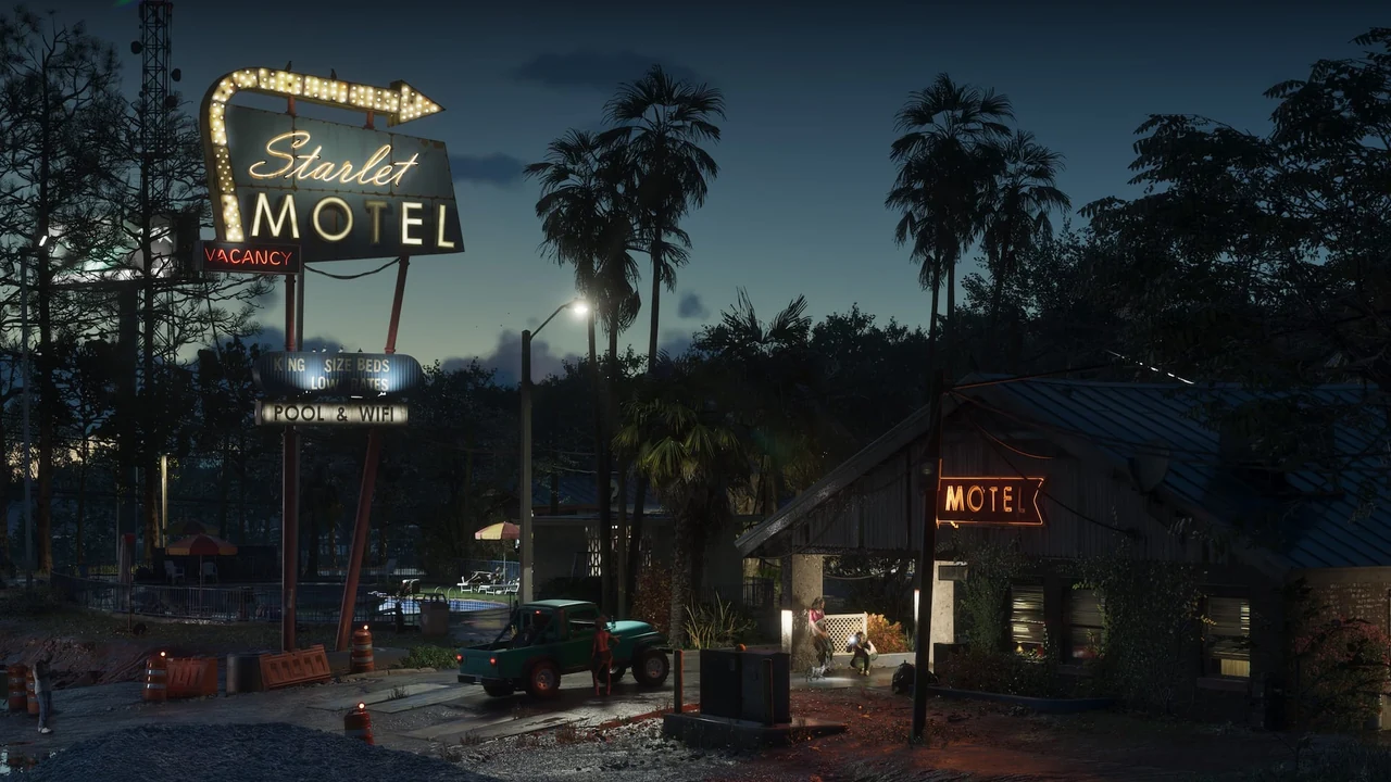 Enseigne lumineuse d’un motel, de nuit, un pick-up garé devant, capture officielle de GTA VI