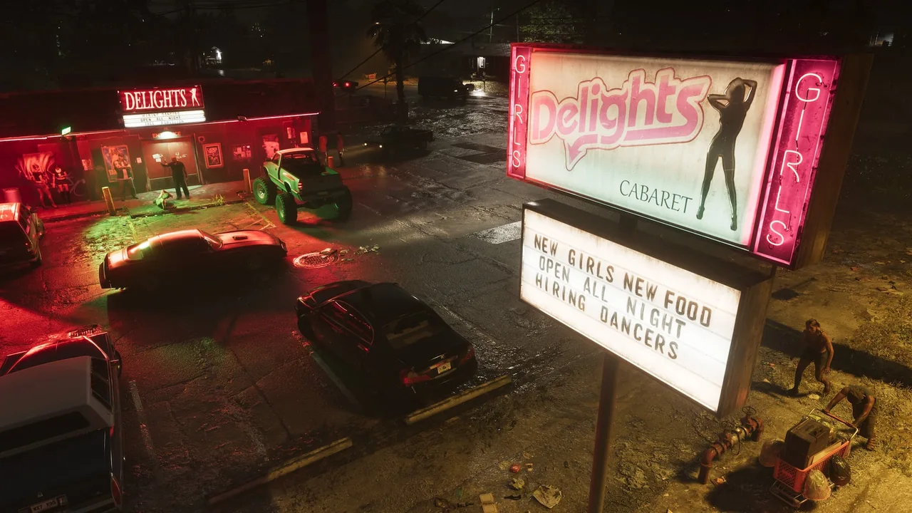 Enseigne rose d’un cabaret et son panneau lumineux, de nuit, vus du dessus, capture officielle de GTA VI