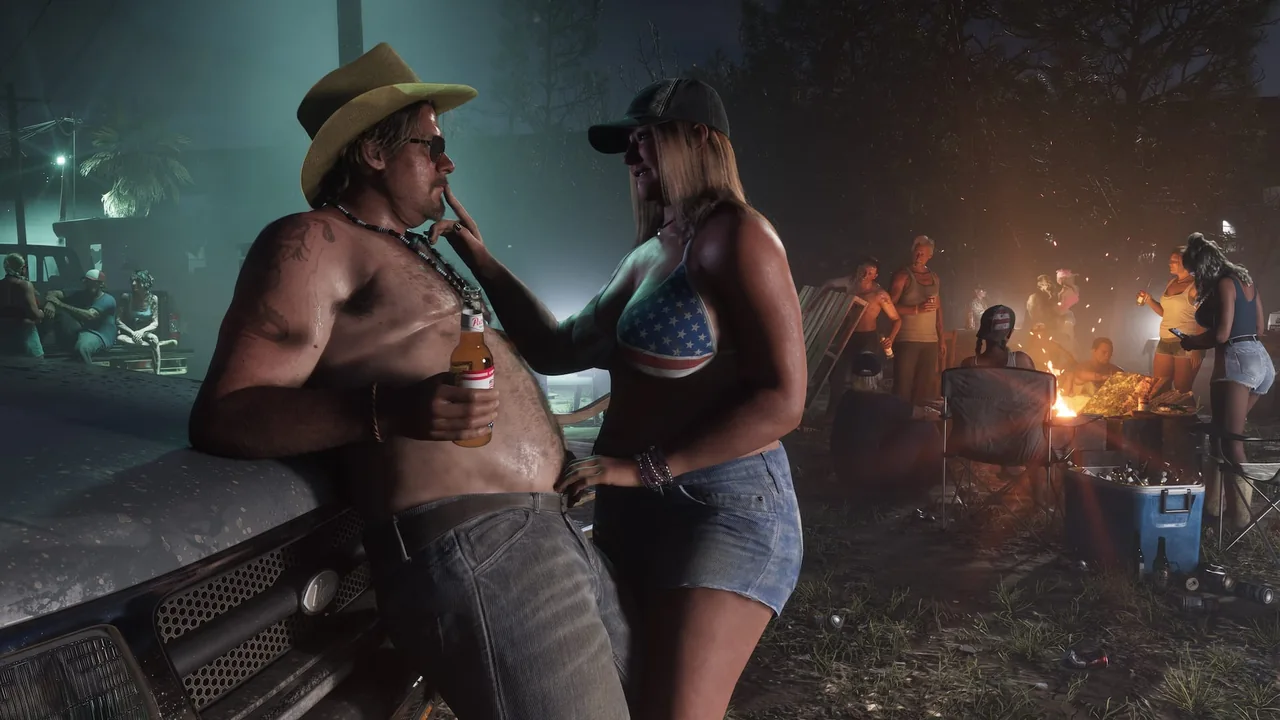 Un couple au bord d’un feu de camp, de nuit, parmi d’autres fêtards, capture officielle de GTA VI