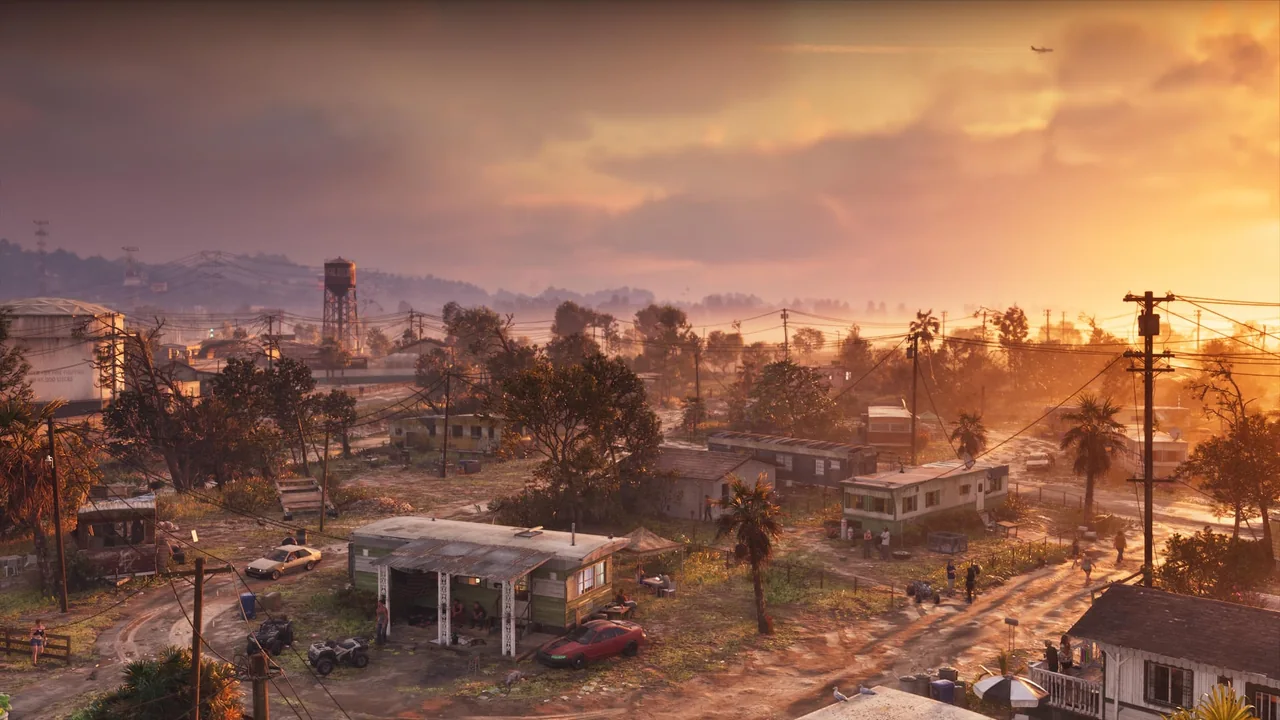 Rues, mobile homes et château d’eau au coucher du soleil, capture officielle de GTA VI