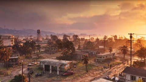 Port Gellhorn au coucher du soleil, vu du ciel, capture officielle Rockstar Games