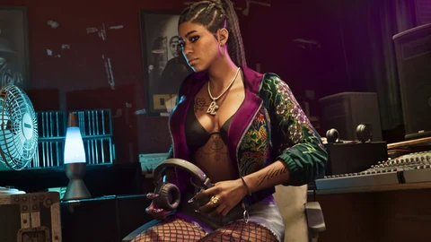 Une rappeuse de Real Dimez assise dans un studio, un casque à la main, devant une console, capture officielle