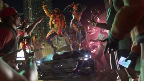 Real Dimez et ses danseuses sur le capot d’une voiture, au milieu d’une foule qui filme au téléphone, visuel officiel Rockstar Games