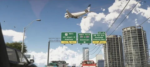 Un avion de ligne passe au-dessus des panneaux « VCI Airport » de l’autoroute, photogramme du Trailer 2 (0:37)