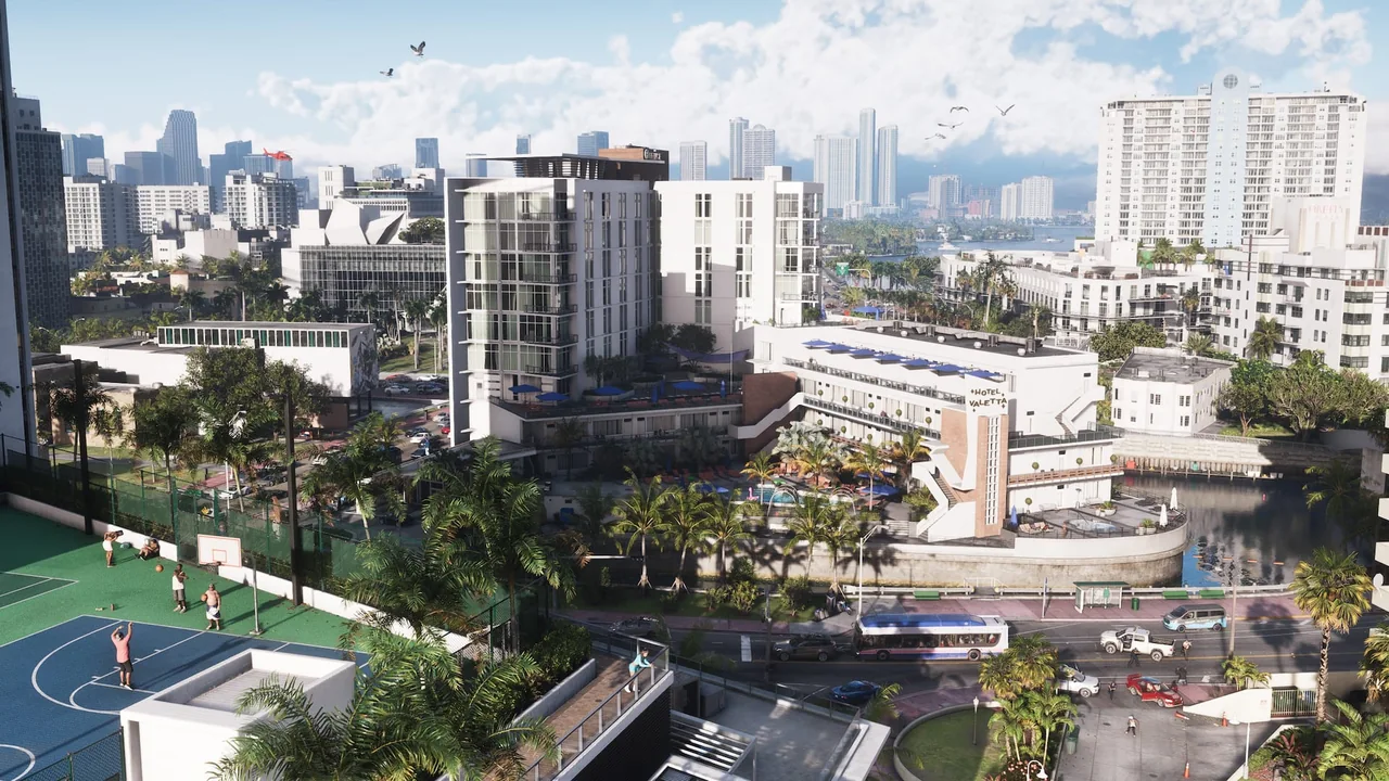 Vue aérienne de quartiers : immeubles blancs, terrain de basket, palmiers et tours en fond, capture officielle de GTA VI