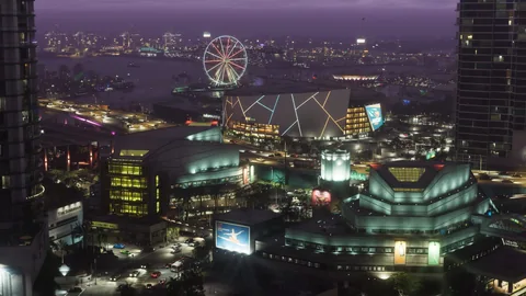 Vice City de nuit, grande roue illuminée et immeubles au bord de l’eau, visuel officiel Rockstar Games
