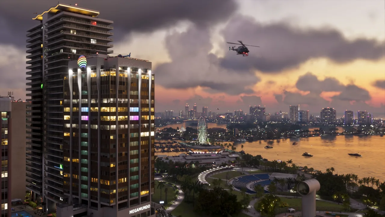 Gratte-ciel au bord de l’eau au crépuscule, un hélicoptère en vol, capture officielle de GTA VI