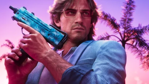 Jason tient un PM compact turquoise à motif de palmiers dans un visuel Vintage Vice City.