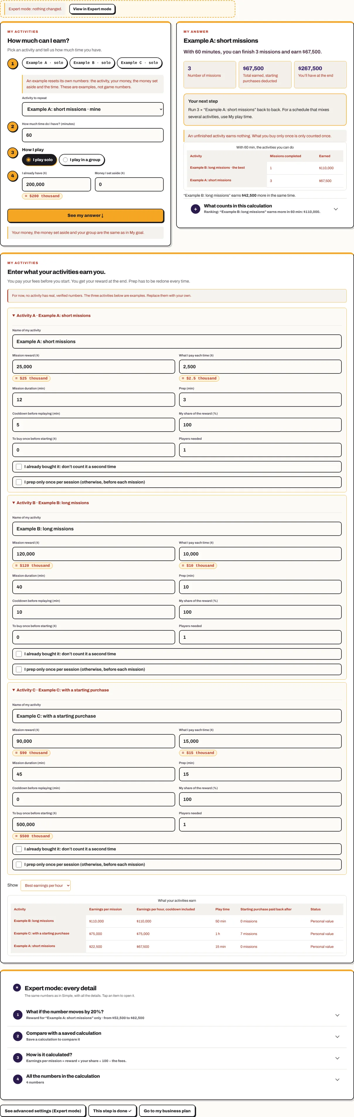 Example A’s numbers in Expert: reward, what I pay, duration, my share, starting purchase.