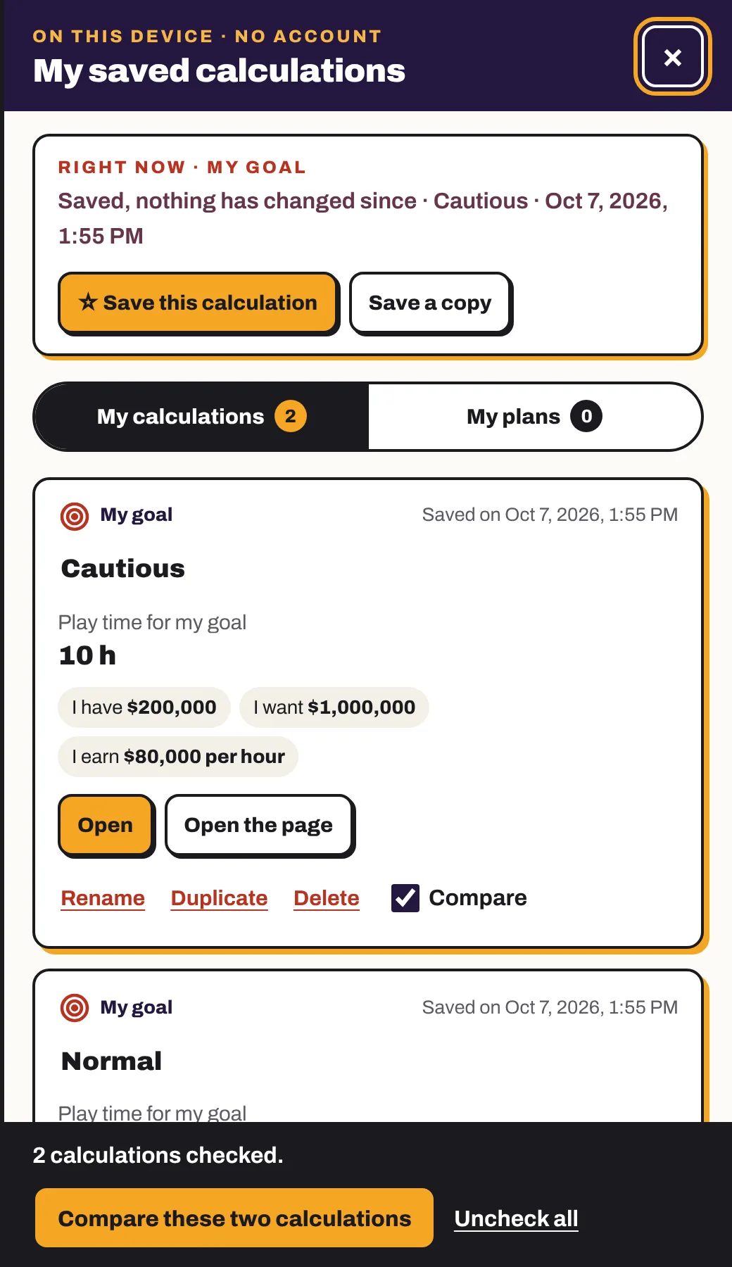 The My saved calculations panel: the current calculation, the two lists and a card with its answer, its numbers and its buttons.