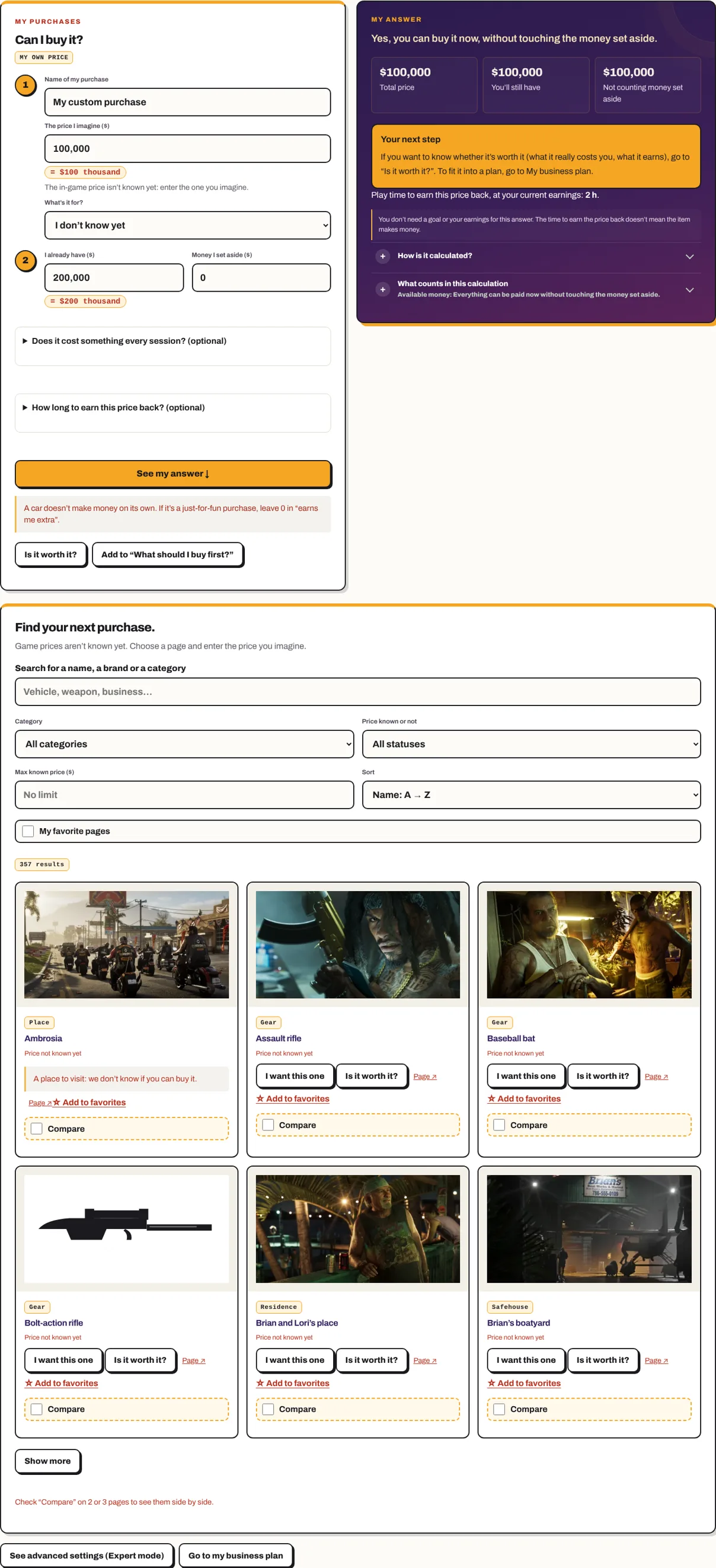 My purchases: a $100,000 purchase, answer “Yes, you can buy it now” and the catalog with thumbnails.