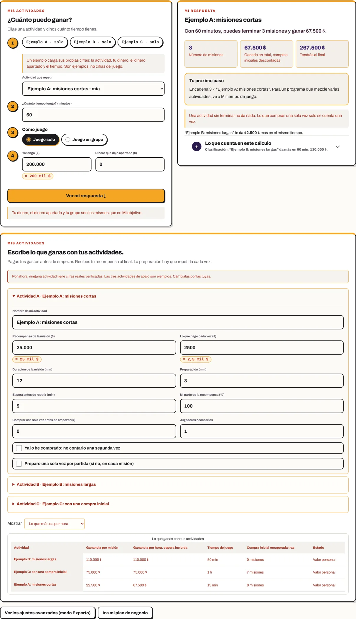 Mis actividades: 60 minutos con el ejemplo A, respuesta: 67.500 $ con 3 misiones, y la clasificación de las actividades.