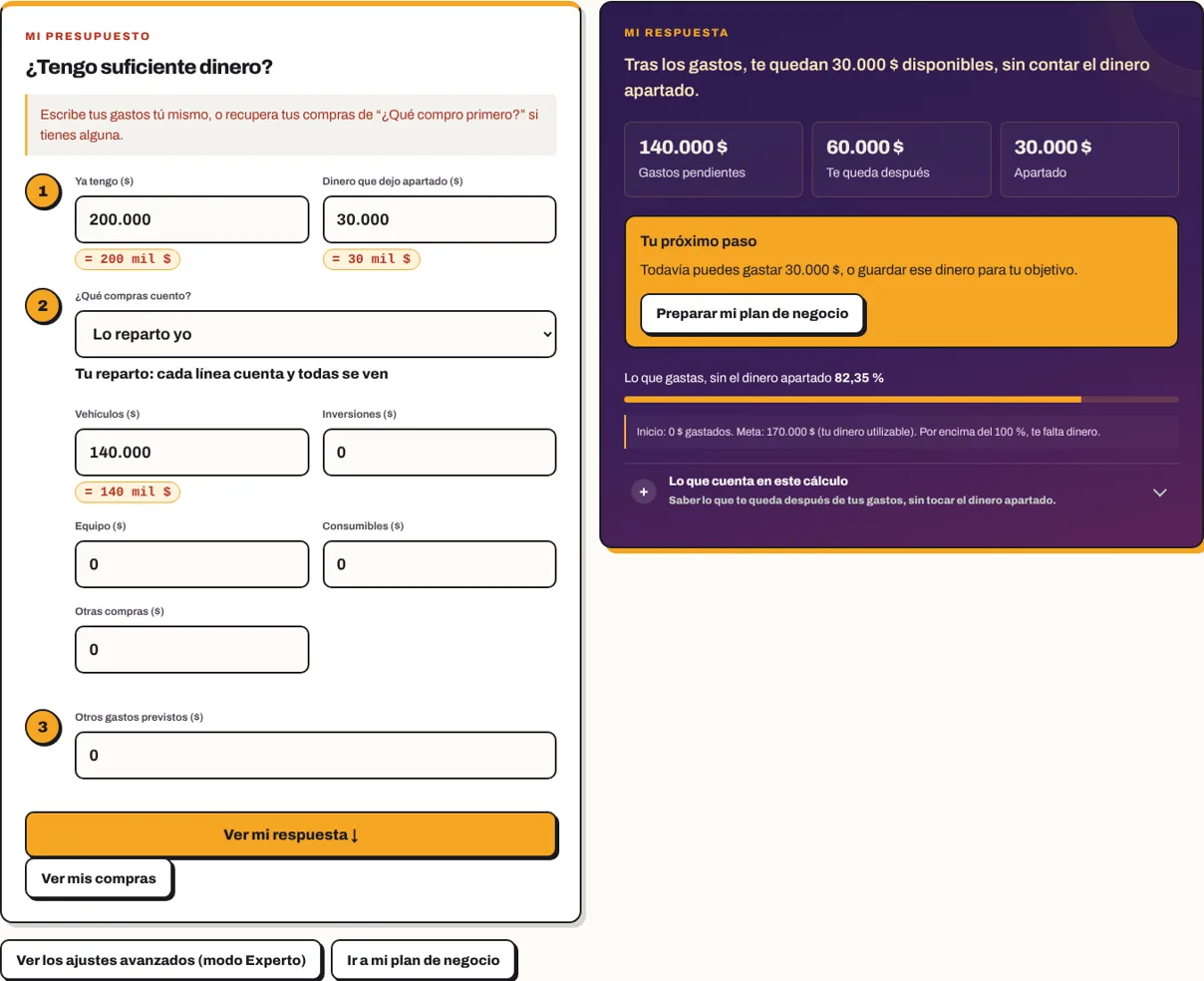 Mi presupuesto: 200.000 $, 30.000 $ apartados, respuesta “te quedan 30.000 $” con la barra.