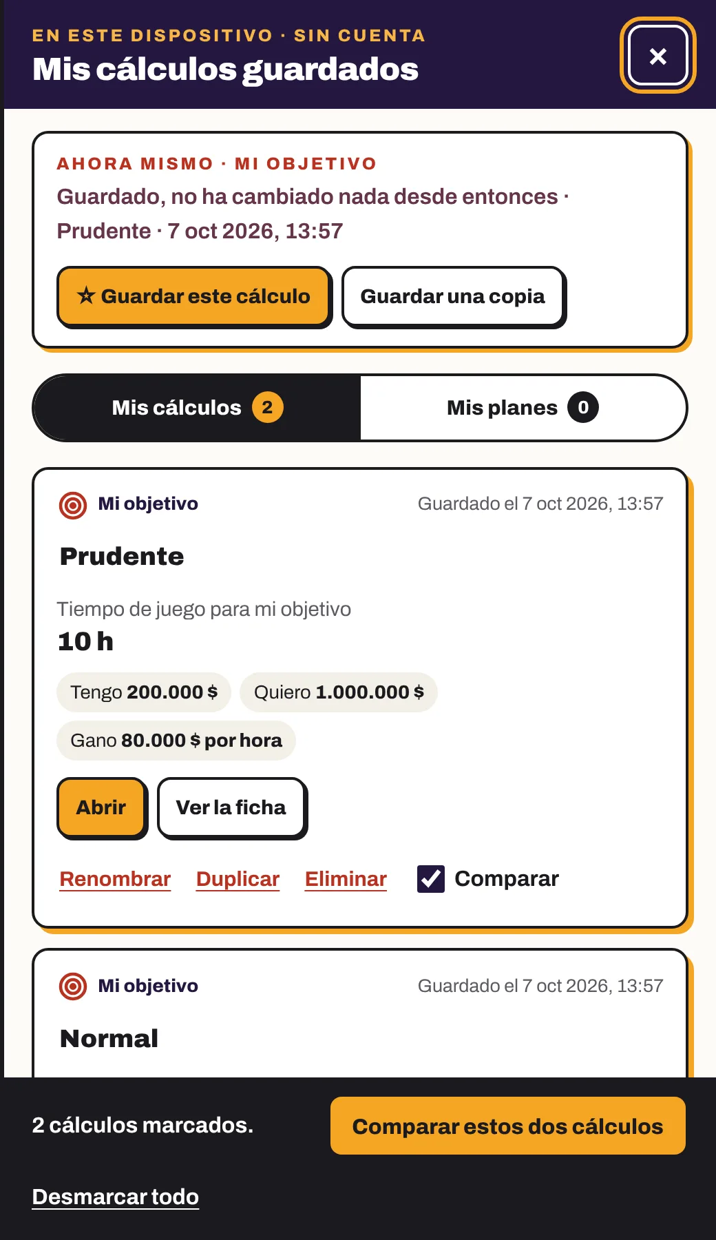 El panel Mis cálculos guardados: el cálculo en curso, las dos listas y una tarjeta con su respuesta, sus cifras y sus botones.