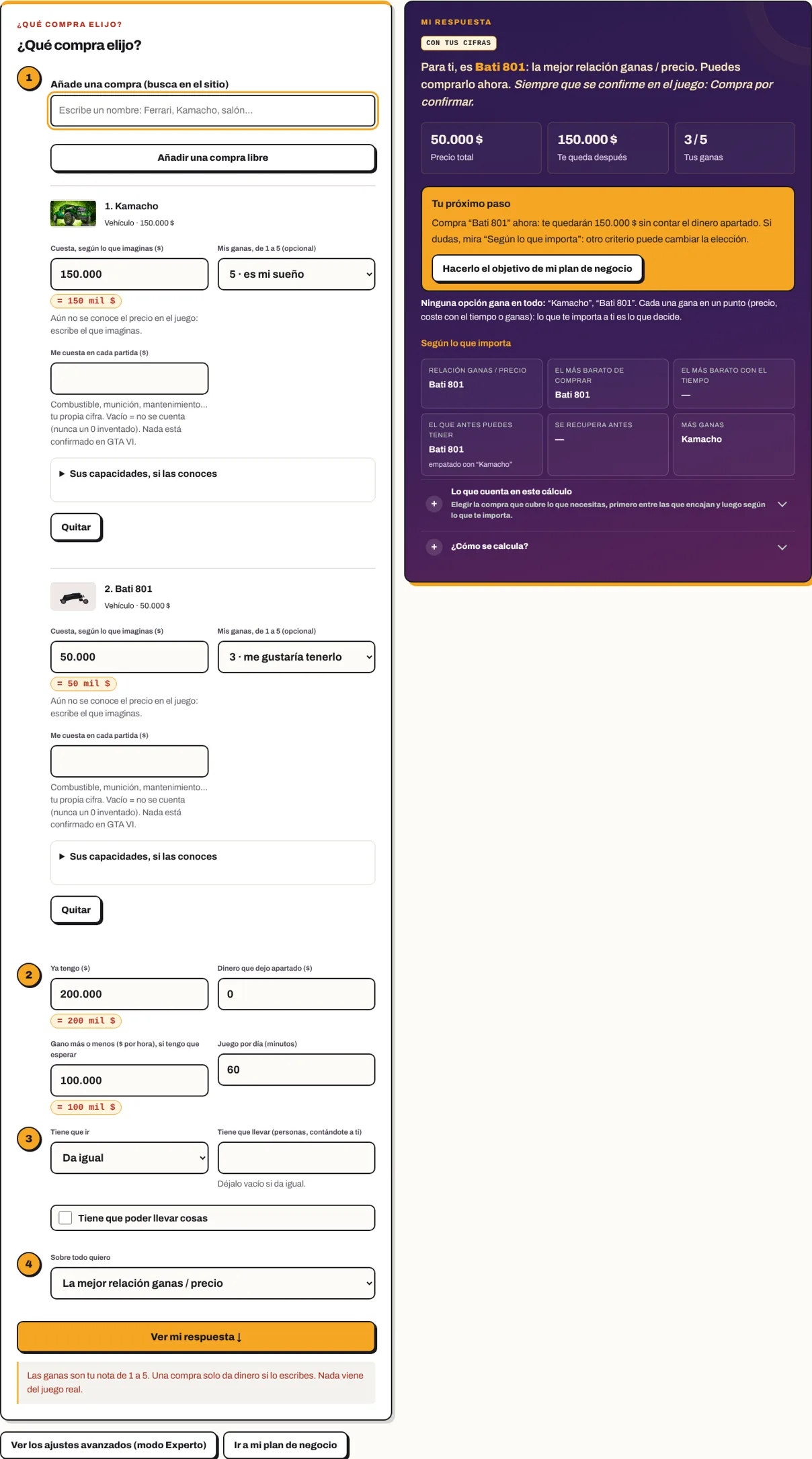 ¿Qué compra elijo?: tres compras comparadas y la respuesta según el criterio elegido.