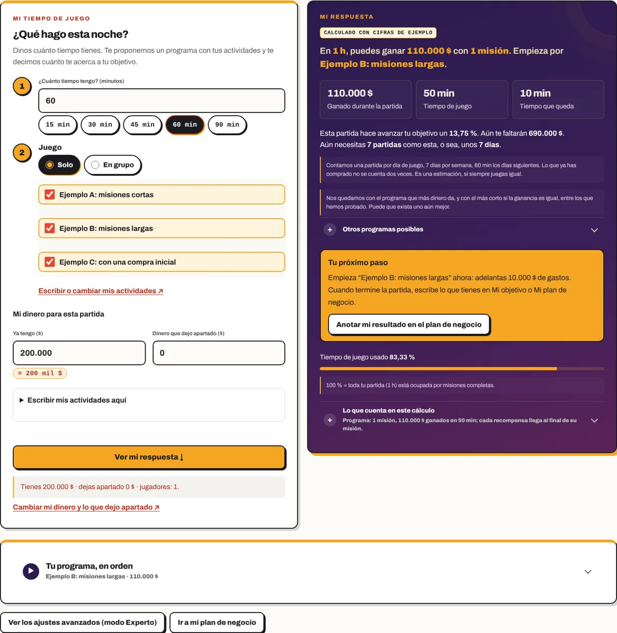 Mi tiempo de juego: 60 minutos, tres ejemplos marcados, respuesta: 110.000 $ con 1 misión, y cuánto avanza el objetivo.