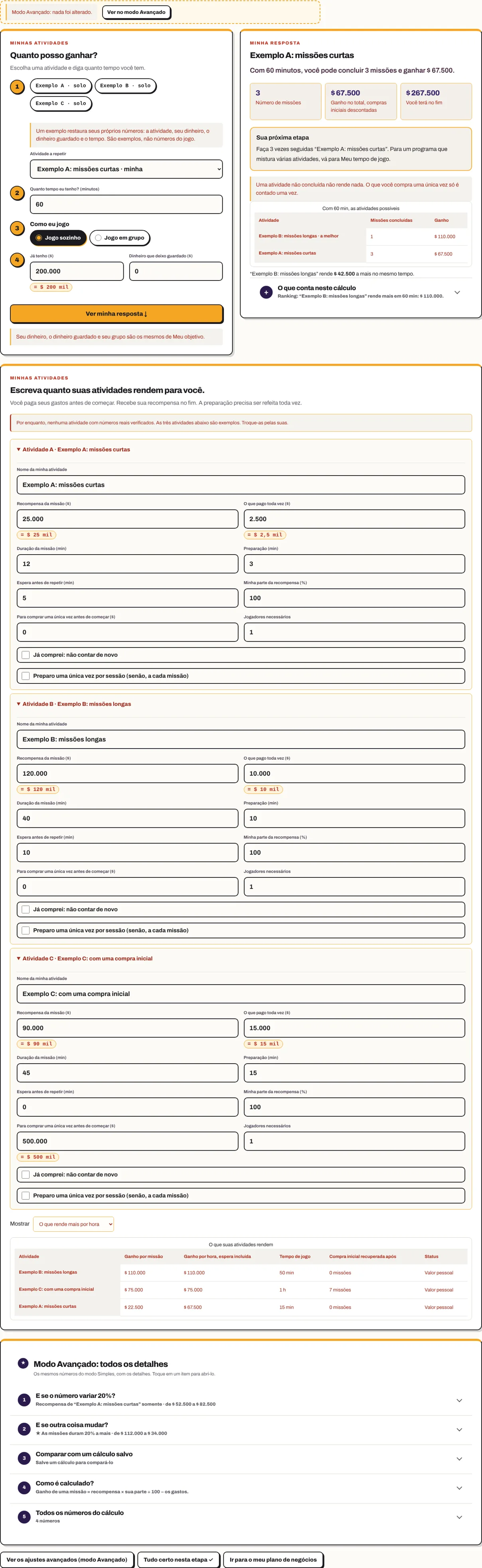 Os números do exemplo A no modo Avançado: recompensa, o que eu pago, duração, minha parte, compra inicial.