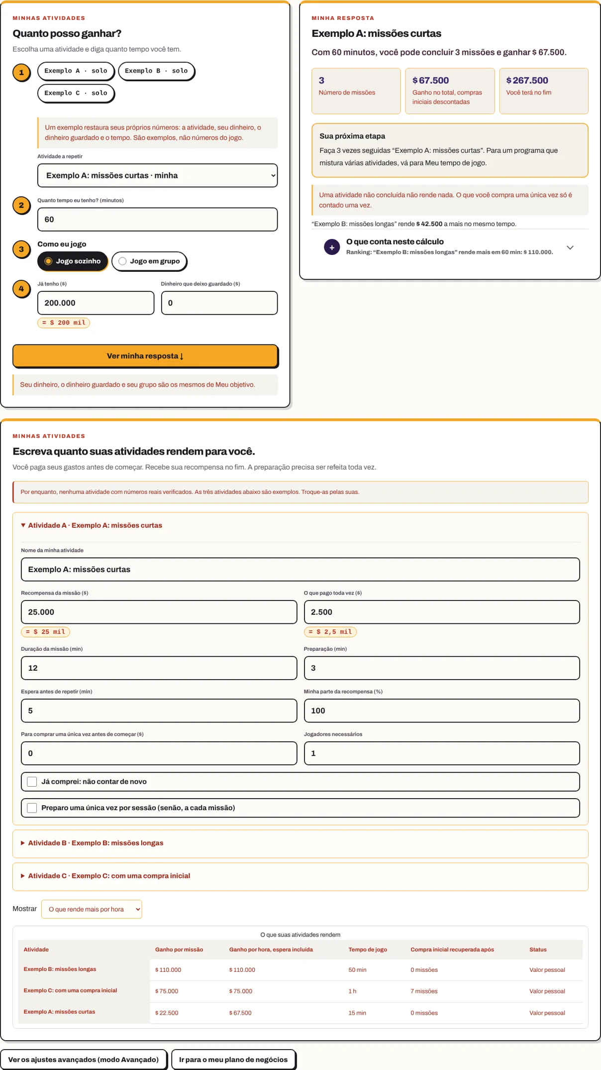 Minhas atividades: 60 minutos com o exemplo A, resposta: $ 67.500 com 3 missões, e o ranking das atividades.