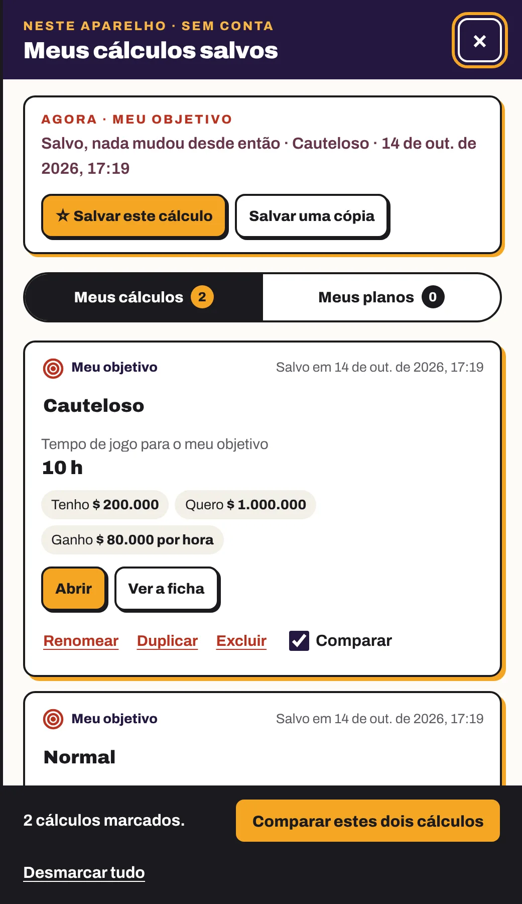 O painel Meus cálculos salvos: o cálculo em andamento, as duas listas e um cartão com a resposta, os números e os botões.