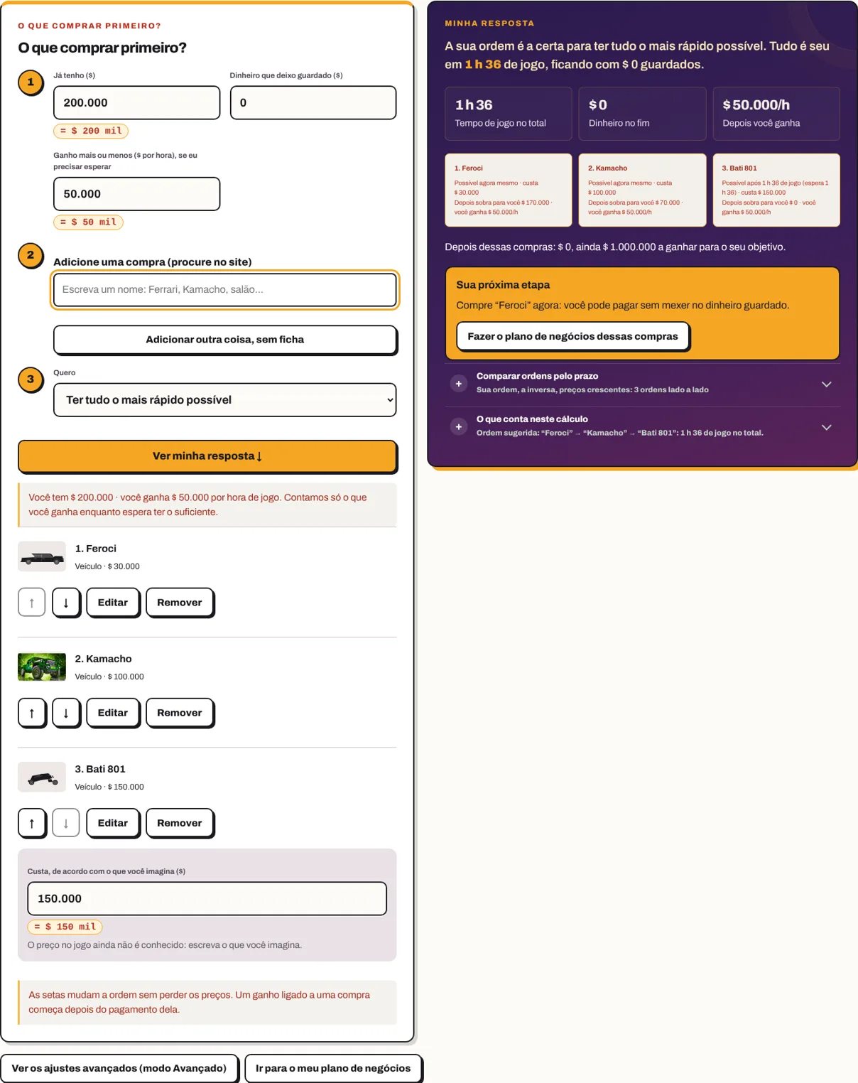 O que comprar primeiro? O campo de busca sugere fichas ao digitar “fe”.