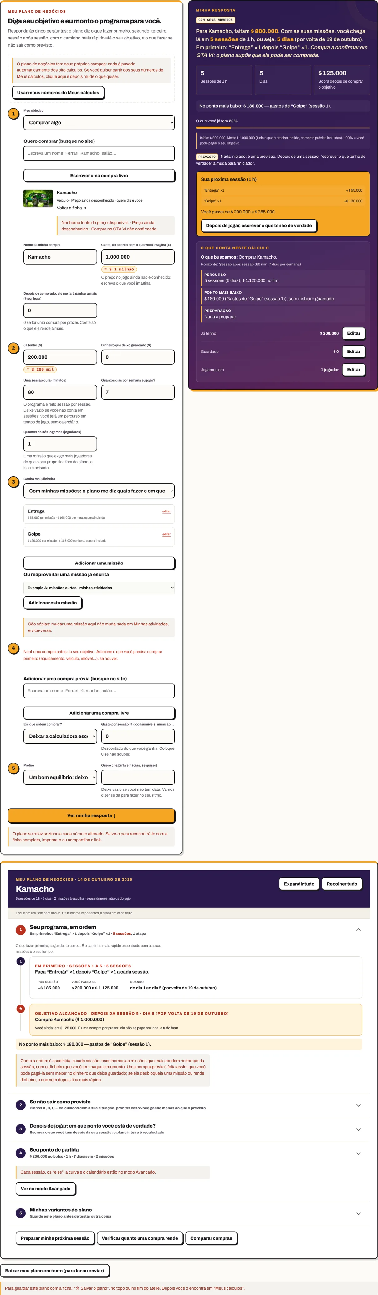 Meu plano de negócios: as cinco perguntas à esquerda; à direita, a resposta e a próxima sessão; embaixo, o documento com o programa em ordem e os planos de reserva.